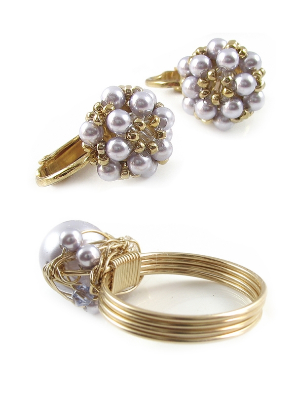 Set inel si cercei cu clips - Fineline Lavander circle