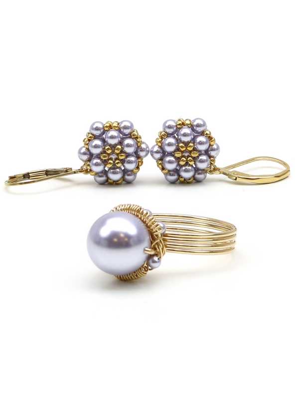 Daisies Lavander set - ring and leverback earrings