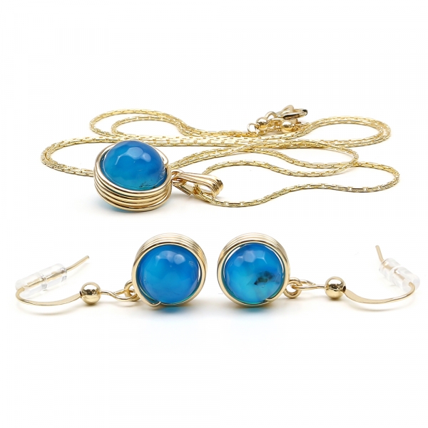 Set pendant and dangle earrings by Ichiban - Busted Gemstone Agate Blue