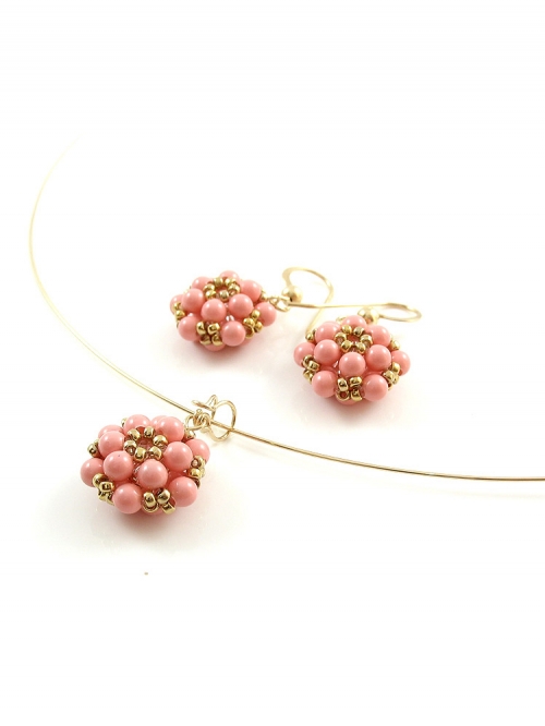 Set necklace and dangle earrings by Ichiban - Daisies Pink Coral