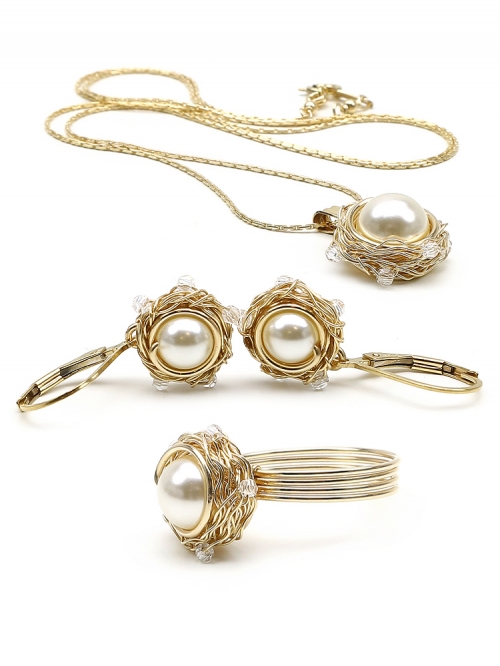 Set pandantiv, inel si cercei cu tortite leverback, Ichiban - Sweet Cream