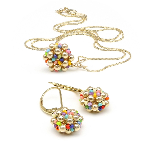 Set pendant and leverback earrings by Ichiban - Golden Daisies Miyuki Multicolor