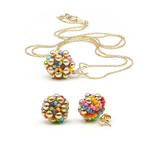 Set pendant and stud earrings by Ichiban - Golden Daisies Miyuki Multicolor
