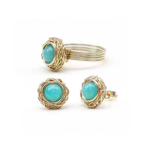 14K Yellow gold set stud earrings and ring by Ichiban - Sweet Amazonite