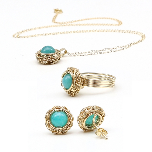 14K Yellow gold set pendant, stud earrings and ring by Ichiban  - Sweet Amazonite