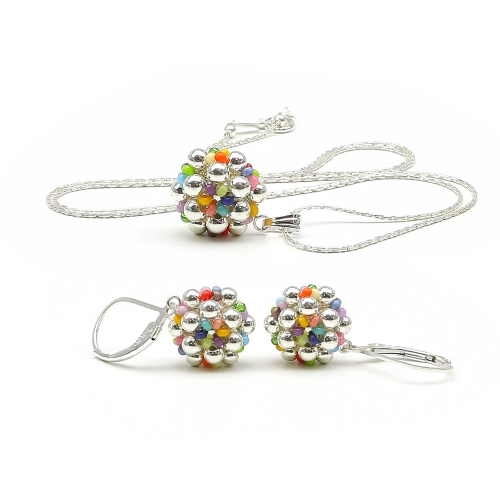 Set pandantiv si cercei cu tortite leverback, Ichiban - Silver Daisies Miyuki Multicolor AG925